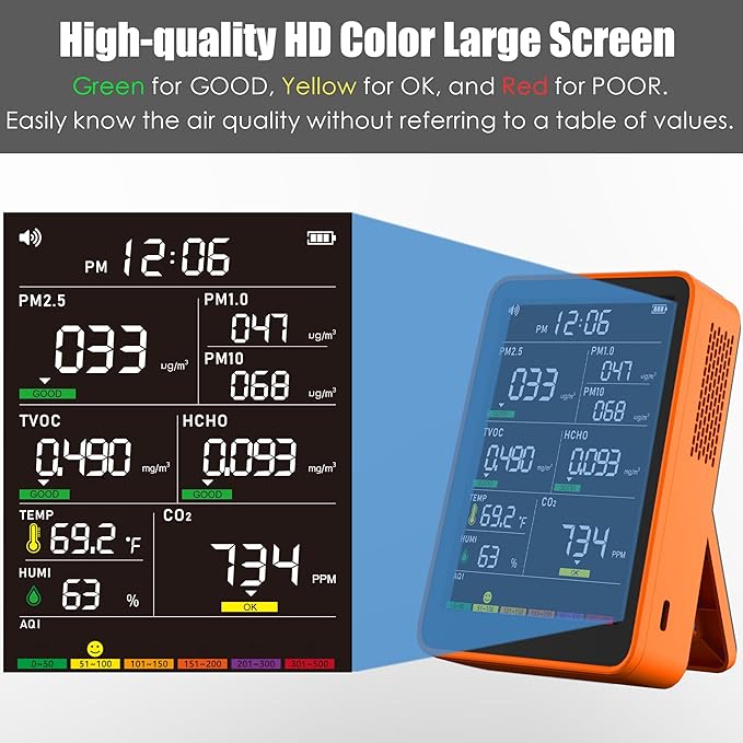 Professional Indoor Air Quality Monitor with AQI Alarms, Portable Real-Time Detector for Home Cars Plants and Pets (Bright Orange)