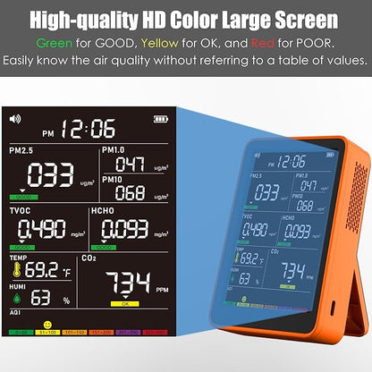 Professional Indoor Air Quality Monitor with AQI Alarms, Portable Real-Time Detector for Home Cars Plants and Pets (Bright Orange)