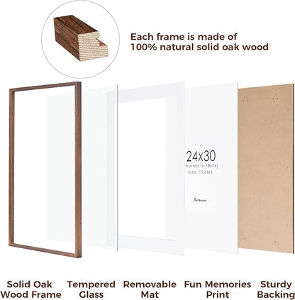 Fun Memories 24x30 Oak Wood Picture Frame, 24"x30" Poster Frame for Wall, 24 by 30 Frame with Tempered Real Glass, 24x30 Matted Frame for 18x24 Picture, 24x30 Inch Photo Frames (Walnut Color, 1 Pack)
