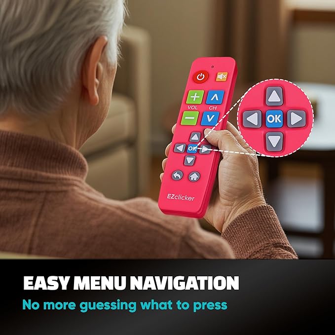 Plus Big Button Universal TV Remote (Pink) Simple Easy to Use, Works with Major TV Brands (2xAAA Batteries Not Included)