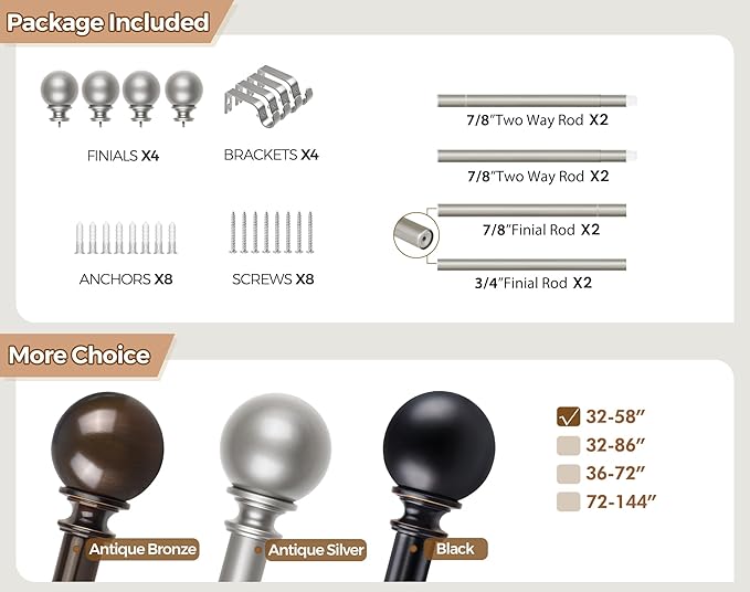 KAMANINA 2 Pack Curtain Rods 32 to 58 Inch (2.6-4.8ft), 7/8 Inch Single Heavy Duty Curtain Rods for Windows Adjustable Decorative Drapery Rod with Round Finials, Antique Silver