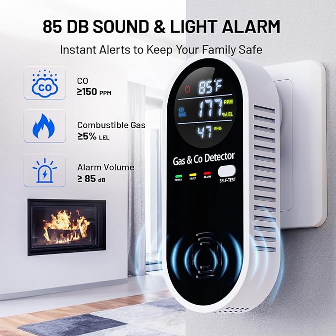 2 Pack Carbon Monoxide Detectors, 4-in-1 Combustible Gas & CO Detector Plug in with Temperature & Humidity Display for Home, RV & Travel