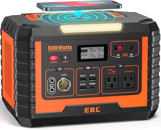 EBL Portable Power Station 500, 519.4Wh Outdoor Solar Generator with 110V/500W AC Outlet for Home Use, Emergency Backup, Camping