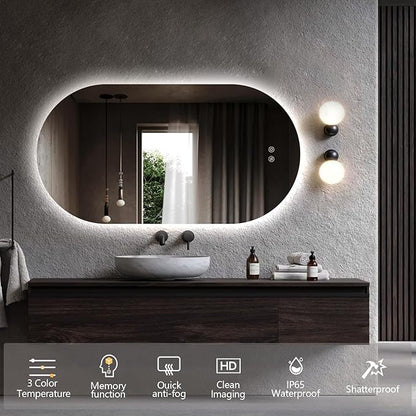 51" x 27" Oval LED Mirror for Bathroom, Backlit Vanity Mirror with Lights, Frameless Smart Wall Mirror, 3 Colors Stepless Dimmable, Anti-Fog, Shatterproof, Memory, CRI95+(Horizontal/Vertical)