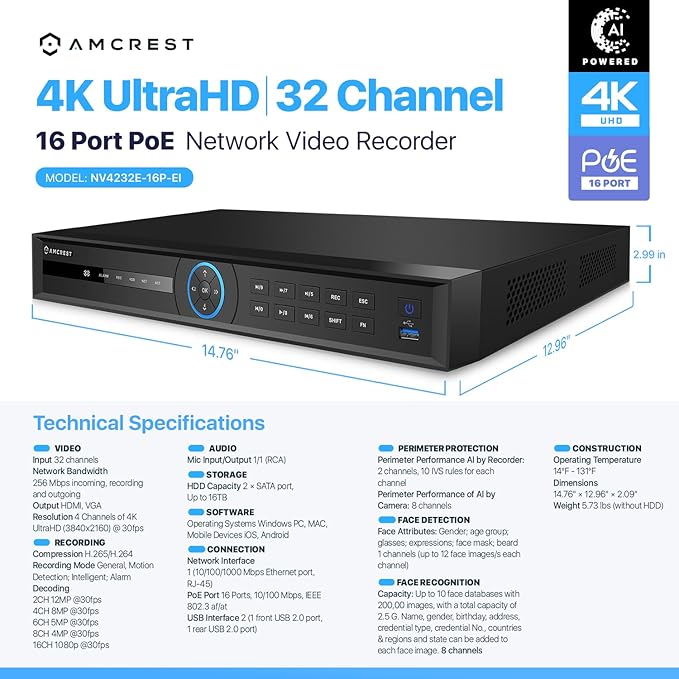 Amcrest 4K 32-Channel AI NVR (16-Port PoE) Smart NVR, Facial Recognition, Facial Detection & Vehicle Detection - Supports 32 x 4K IP Cameras, Pre-Installed 6TB Hard Drive NV4232E-16P-EI-6TB