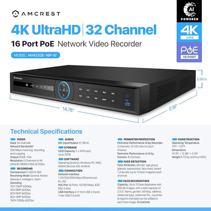 Amcrest 4K 32-Channel AI NVR (16-Port PoE) Smart NVR, Facial Recognition, Facial Detection & Vehicle Detection - Supports 32 x 4K IP Cameras, Pre-Installed 6TB Hard Drive NV4232E-16P-EI-6TB