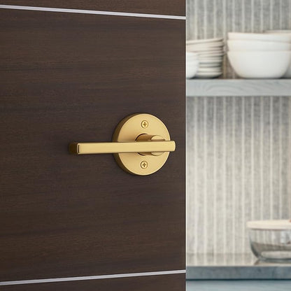 Kwikset Halifax Dummy Door Handle, Single Sided Lever for Closets, French Double Doors, and Pantry, Satin Brass Non-Turning Reversible Interior Push/Pull Lever, with Microban Protection