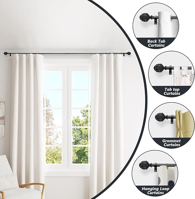 Curtain Rods for Windows 28 to 48 Inches 6/8 Inch Diameter Adjustable Drapery Rods Decorative Single Window Curtain Rods with Classic Finials,Black