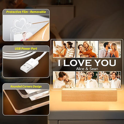 Personalized Picture Frame with Photo, Customized Photo Frame with Night Light, Custom Picture Frames, Personalized Anniversary Valentines Day Gifts for Women Men Her Him Girlfriend Boyfriend Couple