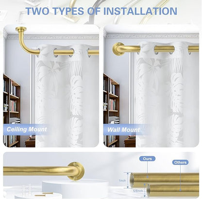 Gold Wrap Around Curtain Rods 48 to 90 Inch:Blackout Heavy duty Adjustable Window Curtain Rod for Bedroom,Industrial Darkening Curved French Metal Single Drapery Rods Easy Install,Brushed Gold