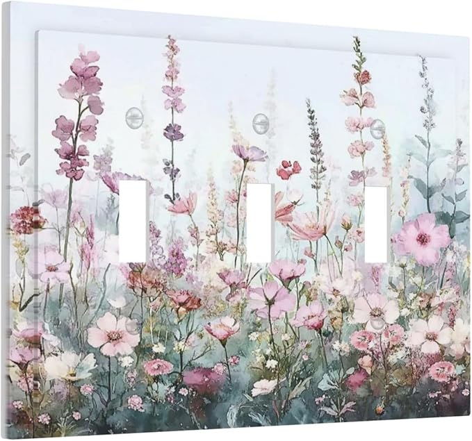 Pink Floral Watercolor Botanical Wildflowers Decorative Switch Plates 3 Gang Wall Plate Triple Toggle Light Switch Cover Faceplate Electrical Wall Panels For Bed Room Living Room Decor