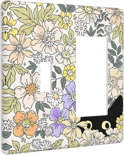 Decorative Outlet Covers Cute Black Cat in a Flower Patch Botanical Garden 2 Gang 1 Gang Wall Plate Single Toggle Rocker Light Switch Covers Switch Plate Cover for Bedroom Home Decor