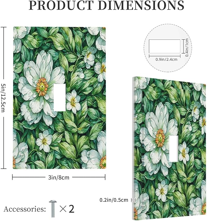 Vintage Floral White Flowers Green Plants Leaves Decorative Light Switch Cover 1 Gang Single Toggle Decorator Outlet Wall Plate Device Electrical Faceplate Switchplates for Bedroom Bathroom