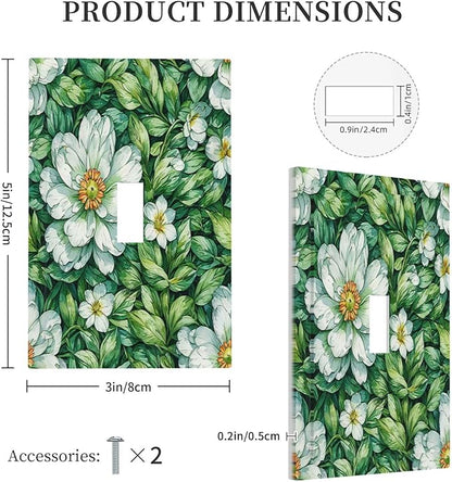 Vintage Floral White Flowers Green Plants Leaves Decorative Light Switch Cover 1 Gang Single Toggle Decorator Outlet Wall Plate Device Electrical Faceplate Switchplates for Bedroom Bathroom