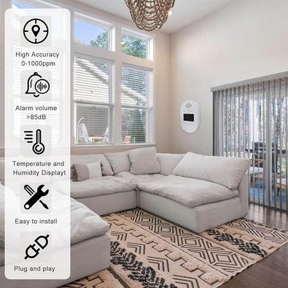 Wall Plug-in Natural Gas & CO Detector, 4-in-1 Portable Combustion Gas Alarm with LCD Display for Indoor Air Quality Monitoring