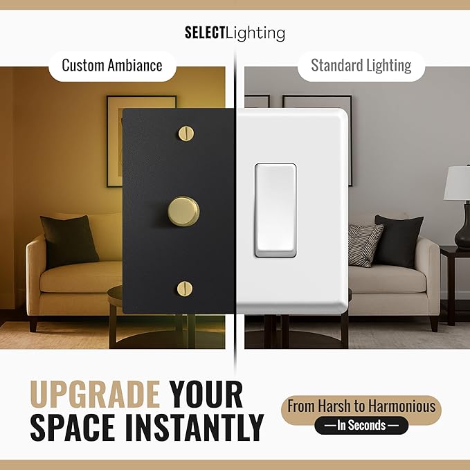 SELECT Black Brass Dimmer Light Switch, 1 Way Rotary Dimmer, 1 Gang TRIAC/Leading Edge Dimmable LED Light Switch, 15A 120V AC with Brass Knob, Faceplate & Dimming Module, UL Listed