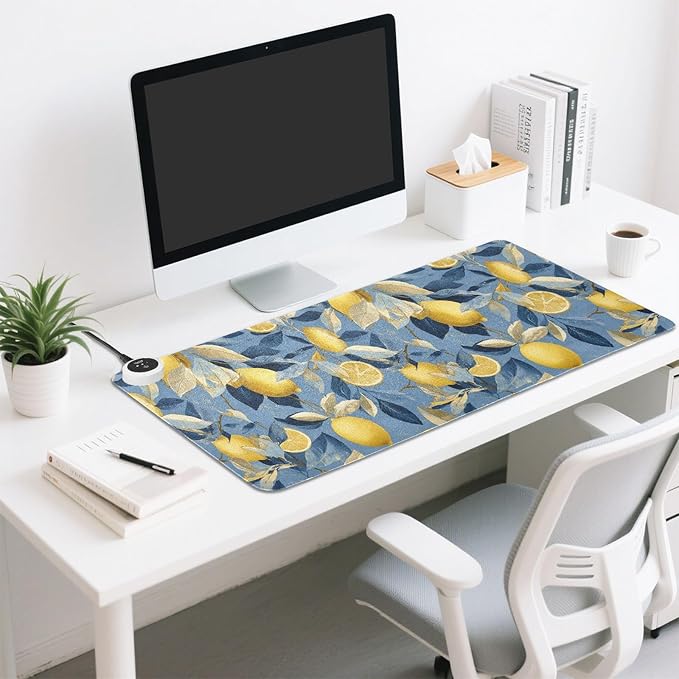 Heated Desk Pad Mouse Pad 31.5x13 Inch PU Leather Desk Mat with 3 Heat Levels Large Mouse Gaming Computer Laptop Mat Blue Lemon Leaves