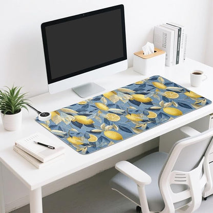Heated Desk Pad Mouse Pad 31.5x13 Inch PU Leather Desk Mat with 3 Heat Levels Large Mouse Gaming Computer Laptop Mat Blue Lemon Leaves