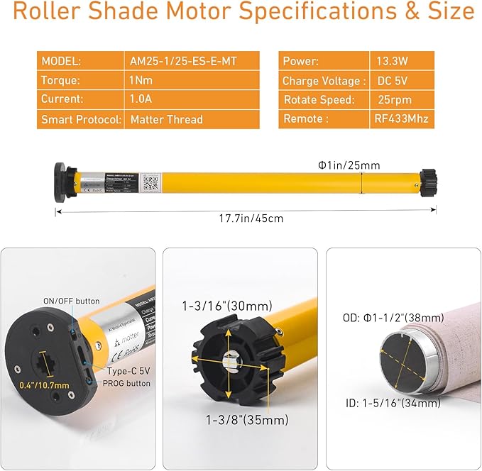 Matter Smart Blinds Motor Kit for 1.5" Shade Tube, Type C Rechargeable Roller Shade Motor, Work with Thread Low Power Consumption, Home Assistant, Alexa, HomeKit Motorized Blinds