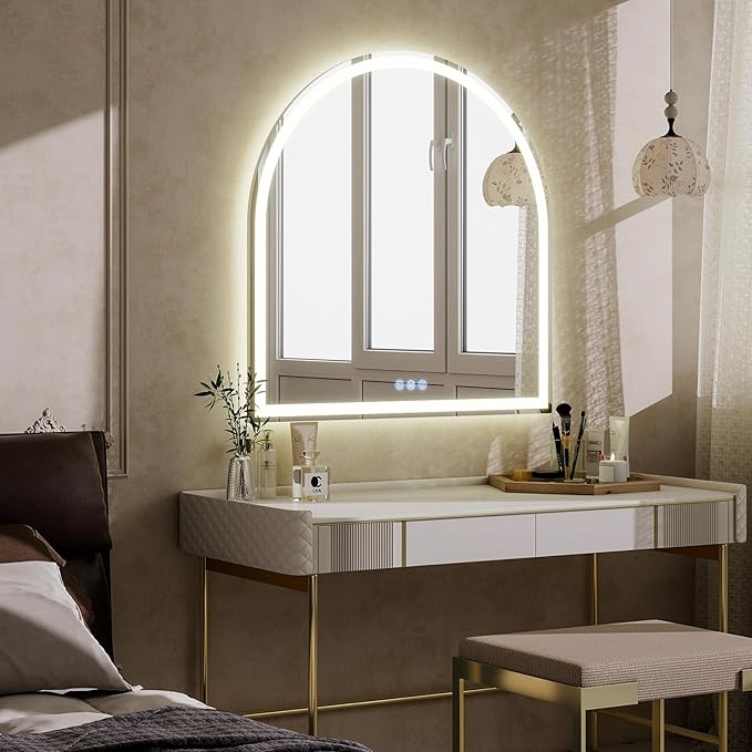 BEAUTYPEAK 34x30 LED Arch Bathroom Mirror with Lights, Anti-Fog, Dimmable, Backlit + Front Lit, Lighted Bathroom Vanity Mirror for Wall, 3 Colors, Memory Function, Tempered Glass, Shatter-Proof