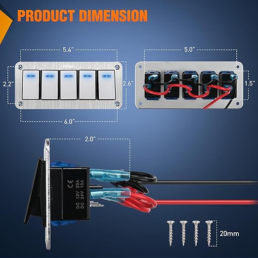 Nilight 5 Gang Rocker Switch Panel 3 Pin On Off Pre-Wired Blue LED Waterproof Aluminum with DIY Stickers for 12V 24V Automotive Cars Marine Boats UTV Truck Jeeps