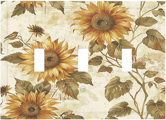 Decorative Switch Plates Rustic Sunflower Floral Pattern 3 Gang Wall Plate Triple Toggle Light Switch Cover Faceplate Electrical Wall Panels for Bedroom Cabin Decor