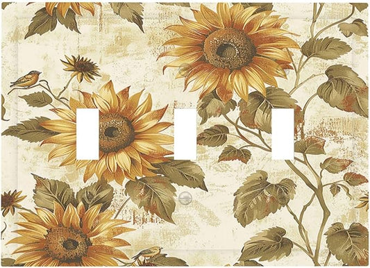 Decorative Switch Plates Rustic Sunflower Floral Pattern 3 Gang Wall Plate Triple Toggle Light Switch Cover Faceplate Electrical Wall Panels for Bedroom Cabin Decor