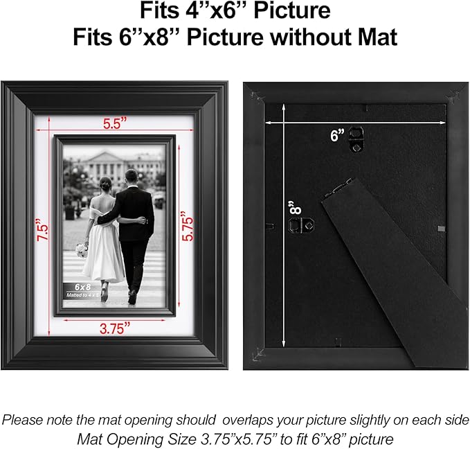 Yaetm 6x8 Black Picture Frame with Decorative Inner Frame & Tempered Glass, Display 4x6 Photos with Mat - Portrait or Landscape - Tabletop & Wall Mount for Office & Home Décor (Black, 2 Pack)