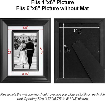 Yaetm 6x8 Black Picture Frame with Decorative Inner Frame & Tempered Glass, Display 4x6 Photos with Mat - Portrait or Landscape - Tabletop & Wall Mount for Office & Home Décor (Black, 2 Pack)