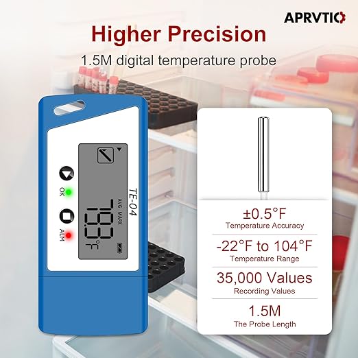 TE-04 Temperature Data Logger with 1.5M External Probe, Auto PDF& CSV Report, 35,000 Points, Large Display Pause Recording Function, Temperature Recorder for Cold Chain Shipping Vaccine Storage