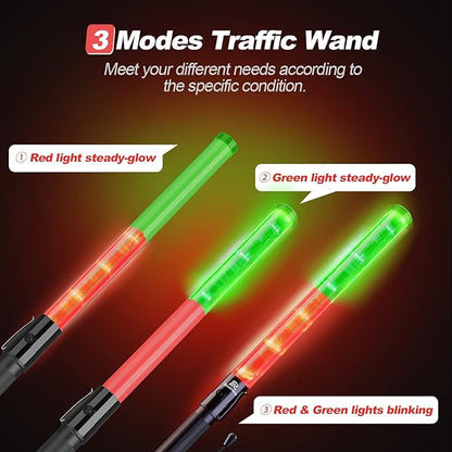 RoadHero 1 Pack 21 Inch Traffic Wands, Red and Green Led Traffic Control Baton, Safety Light Wand with 3 Flashing Modes, Air Marshaling Signal Wand with Side Clip for Airport, Parking, Car Directing