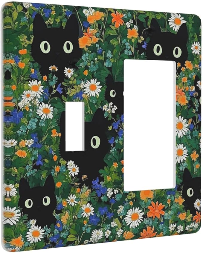 Boho Funny Black Cute Cats Daisy Wildflower Outlet Covers 1 Toggle 1 Rocker Combination Decorative Wall Plate Electrical Switch Plates Light Switch Cover Plate For Kids Room Bed Room Decor