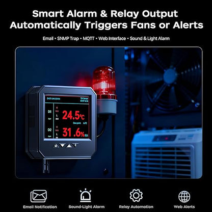 APEM-5930 Ethernet Temperature Humidity Sensor, PoE Server Room Monitor with Web Interface, SNMP Modbus MQTT Support, Dual Power, IP55, Data Logging, Alarm & Relay Output for IT & Industrial Use