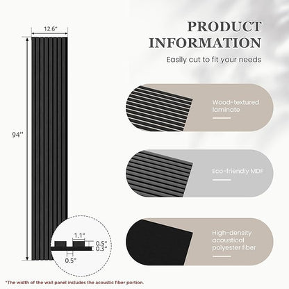 Wood Salt Acoustic Wall Panels, 4 Piece 94" x 12.6" x 0.8" Soundproof Wooden Wall Panels, 3D Fluted Sound Absorbing Panel, Matte Black