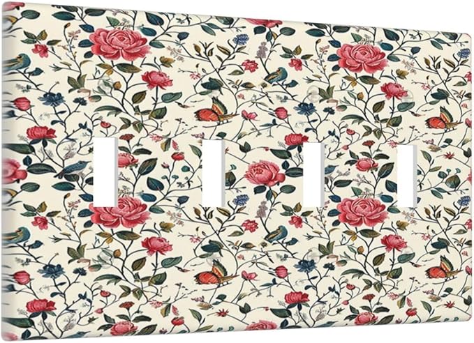 Light Switch Covers Vintage Flowers Rose Leaf Bird Butterfly Quad Toggle Electrical Faceplate 4 Gang Wall Plate Decorative Switch Plates for Bedroom living Room Decor