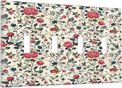 Light Switch Covers Vintage Flowers Rose Leaf Bird Butterfly Quad Toggle Electrical Faceplate 4 Gang Wall Plate Decorative Switch Plates for Bedroom living Room Decor