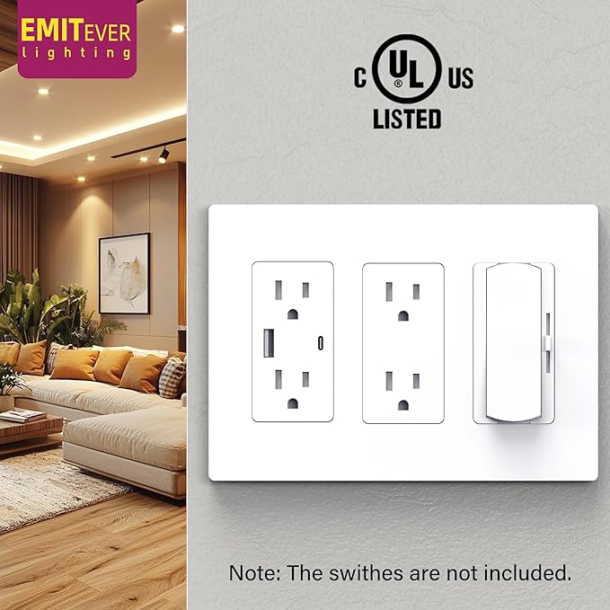 EMITEVER 3-Gang Screwless Decorator Wall Plate Cover for Receptacle Outlet & Light Switch, Standard Size 4.53"H x 6.38"W, Unbreakable Thermoplastic Faceplate, UL Listed, Matte White 5-Pack