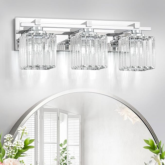 Crystal Bathroom Light Fixtures, 3 Light Chrome Vanity Lighting Over Mirror with Crystal Shades, Modern Bathroom Vanity Light for Restroom, Bath, Cabinet and Powder Room
