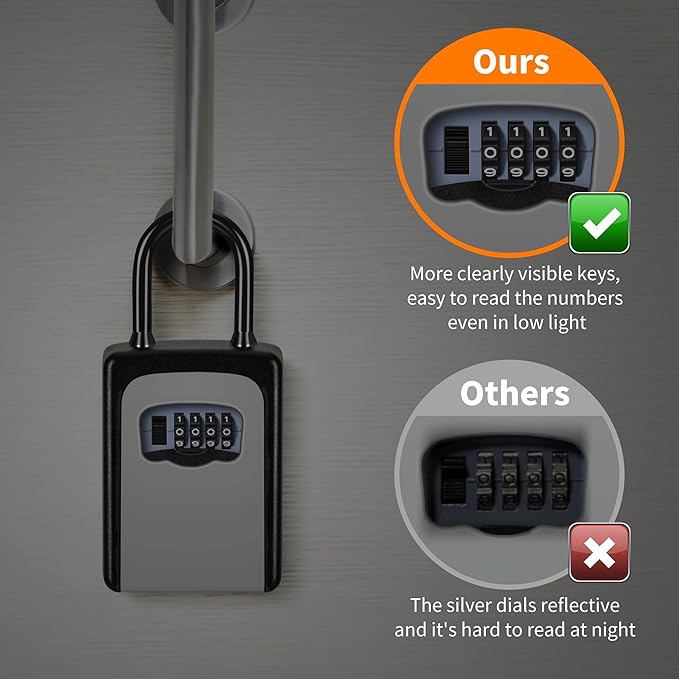 Portable Key Lock Box, Upgrade Clearly Visible Numbers, Lock Box Wall Mounted for House Key, 5 Key Capacity, Weatherproof Resettable Code (4 Pack, Grey)