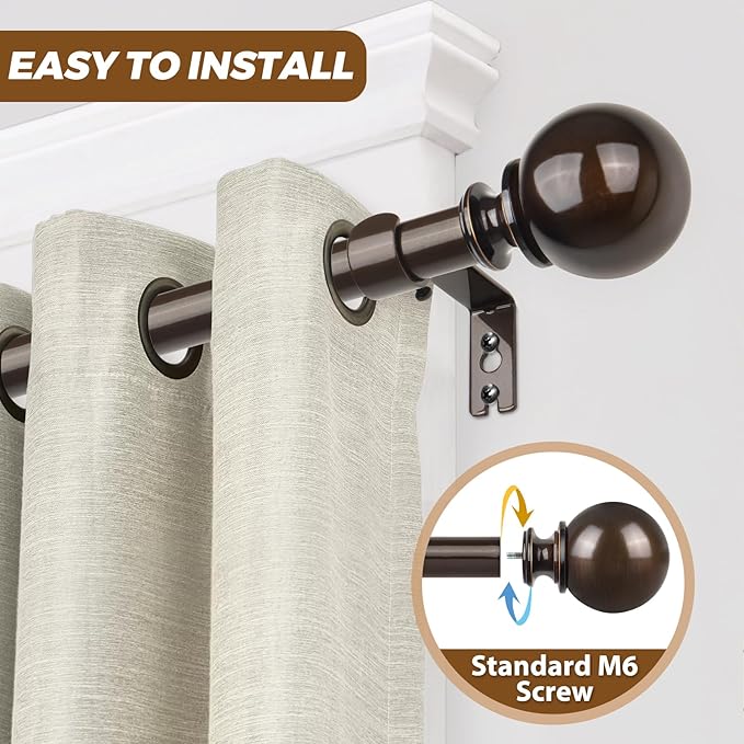 KAMANINA 1 Inch Bronze Curtain Rods for Windows 120 to 170 Inches, Long Heavy Duty Curtain Rod 140 to 195 Inches (11.6-16.2ft), Decorative Drapery Rod with Round Finials
