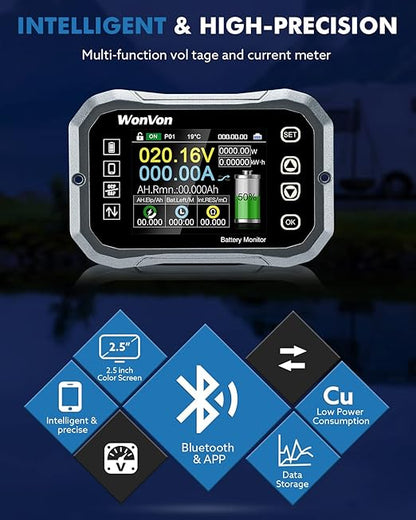 WonVon Battery Monitor with Shunt 400A 0V-120V Battery Monitor for RV Motorcycle Golf Cart Solar Panel with Screen,Capacity Percentage Time Power Voltmeter Display,Support High/Low Voltage
