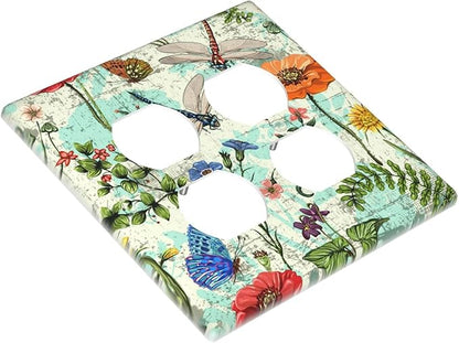 Dragonflies Flowers Butterfly 2 Gang 2 Duplex Outlet Light Switch Cover Decorative Wall Plate Cover For Home Living Bedroom Kitchen Decorative