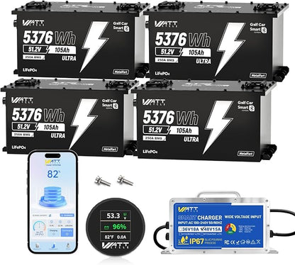 WattCycle 48V 105Ah Golf Cart Batteries 4 Pack, 48V Lithium Battery 250A BMS with 15A Charger, LiFePO4 Battery 15000+ Deep Cycles, IP65 Waterproof Marine Batteries, Built-in Bluetooth, Perfect for RV