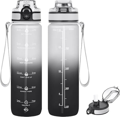 32oz Water Bottle with Time Marker, Motivational Drinking Bottle with Strap, BPA-Free Leak-Proof, Encouraging Water Bottle Time to Drink Water for Gym School Office Travel