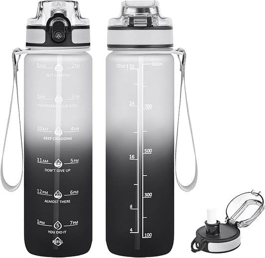 32oz Water Bottle with Time Marker, Motivational Drinking Bottle with Strap, BPA-Free Leak-Proof, Encouraging Water Bottle Time to Drink Water for Gym School Office Travel