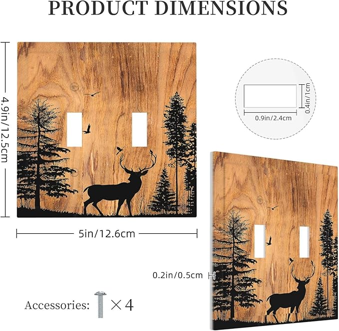 Decorative Switch Plates Rustic Farmhouse Orange Brown Pine Tree Deer Wood Grain 2 Gang Double Toggle Outlet Light Switch Cover Wall Plate Electrical Faceplate for living Room Cabin Decor