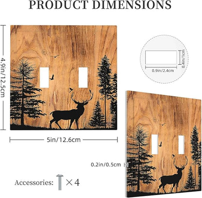 Decorative Switch Plates Rustic Farmhouse Orange Brown Pine Tree Deer Wood Grain 2 Gang Double Toggle Outlet Light Switch Cover Wall Plate Electrical Faceplate for living Room Cabin Decor