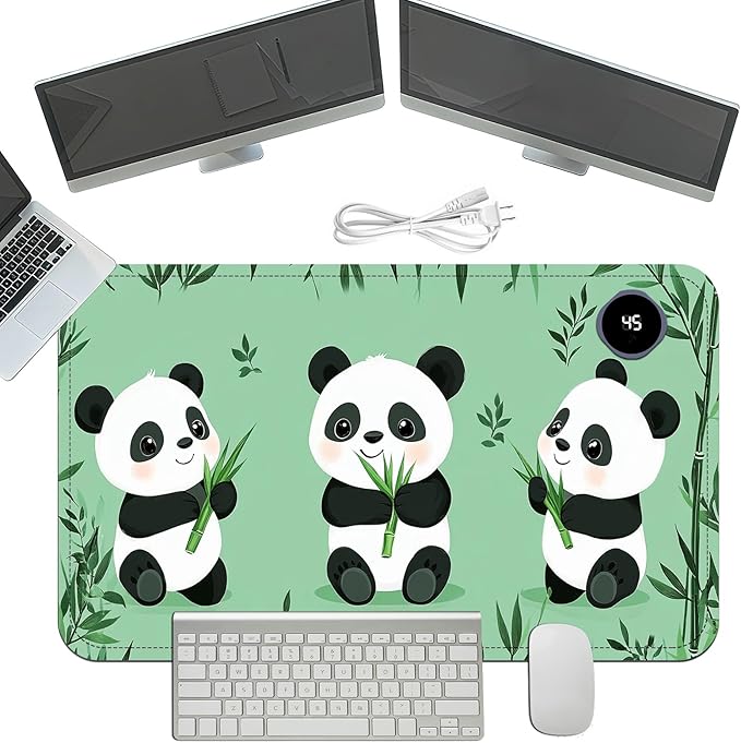 Heated Mouse Pad with 3 Temperature Settings(104°F–122°F),Large 24x14.2 Inch PU Leather Heated Desk Mat,Waterproof Warming Pad for Office,Gaming & Cold Hands Relief,Cute Three Pandas