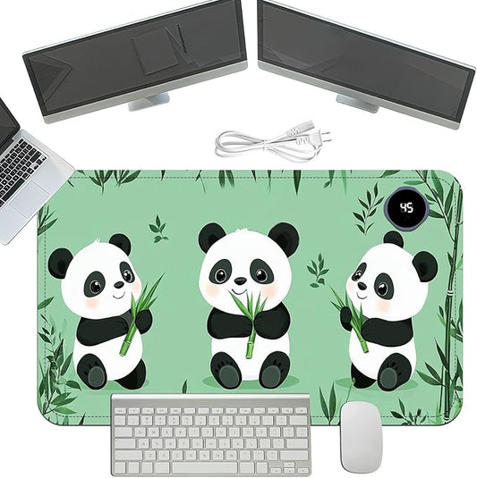 Heated Mouse Pad with 3 Temperature Settings(104°F–122°F),Large 24x14.2 Inch PU Leather Heated Desk Mat,Waterproof Warming Pad for Office,Gaming & Cold Hands Relief,Cute Three Pandas