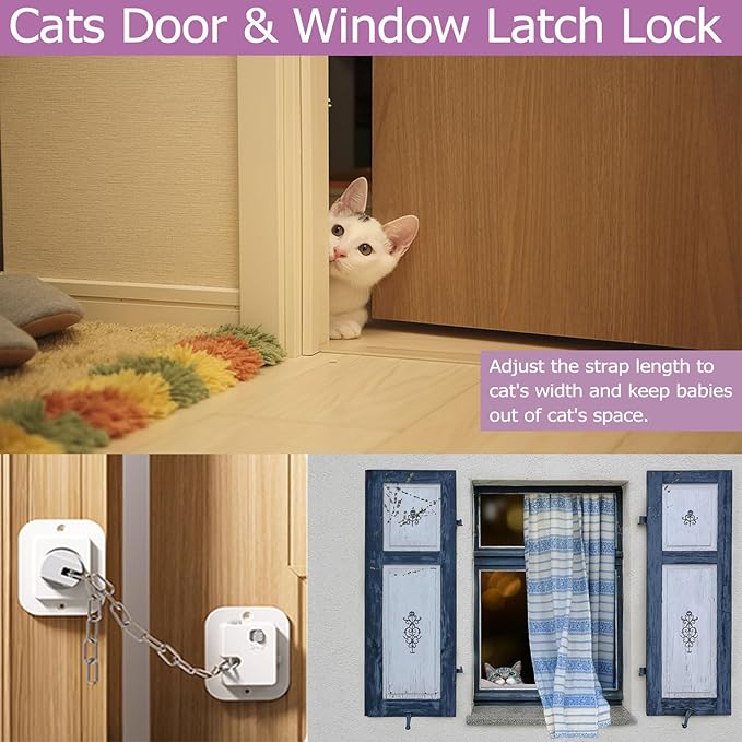 Child Proof Door Lock with Adjustable Strap, Cat Door Latch 3M Adhesive Safety Locks for Baby, Dementia & Pets, No Tools Needed 4 Pack